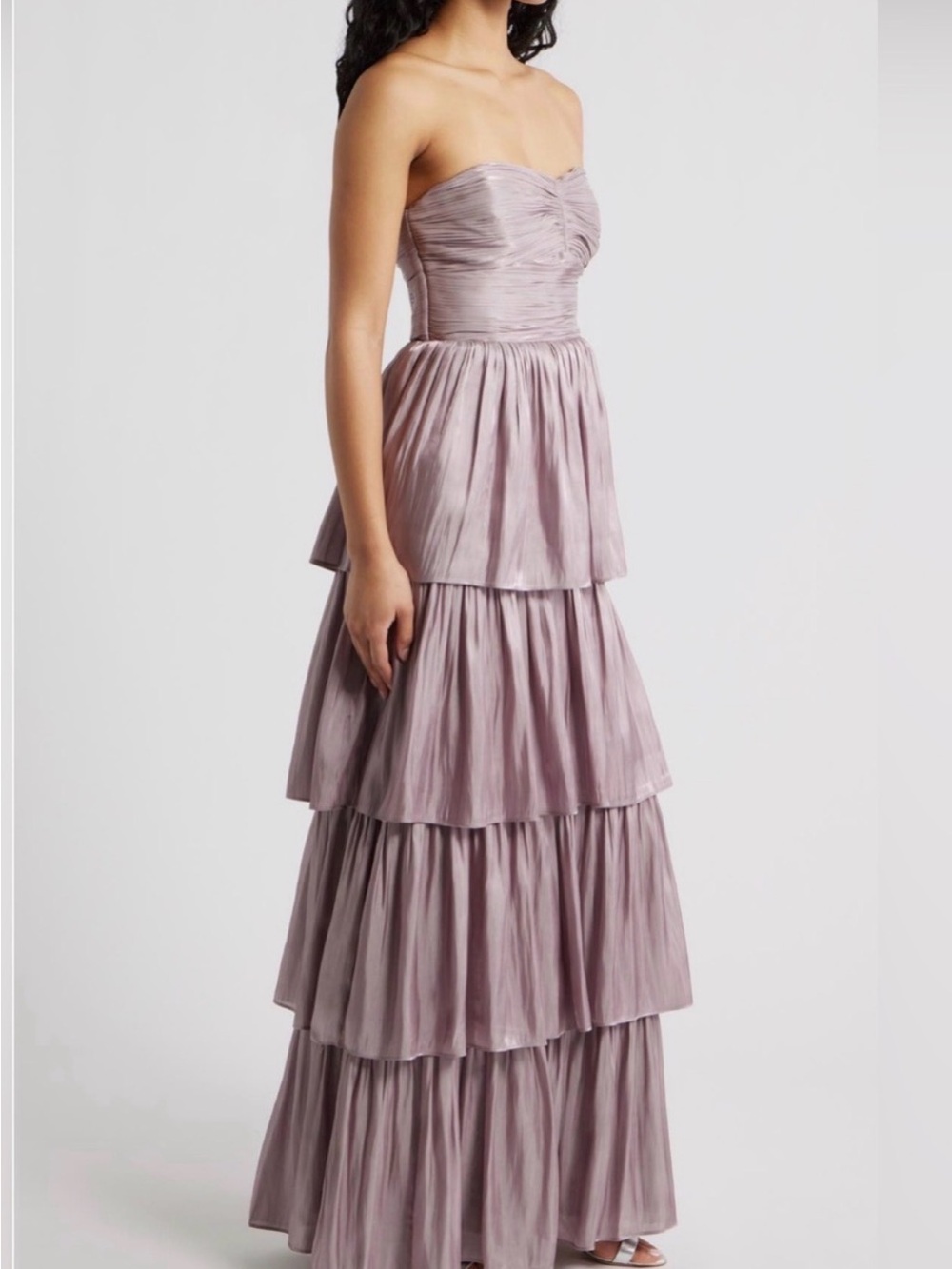 Lulu's Strapless Shimmer Tiered Maxi Dress in Mauve Taupe